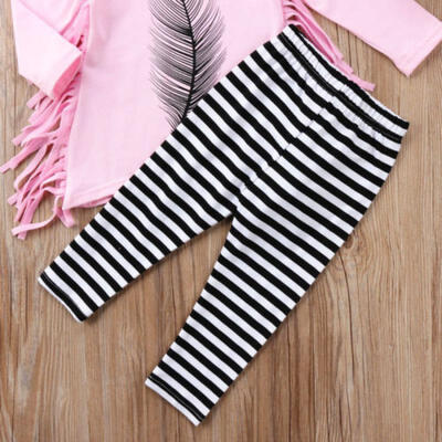 

Toddler Kid Baby Girl Tassel Clothes Tops Dress Striped Pants Legging Outfit Set
