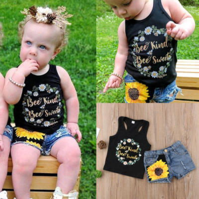 

Kids Baby Girls Outfits Clothes T-shirt TopsDenim Jeans Short Pants Set Sunsuit