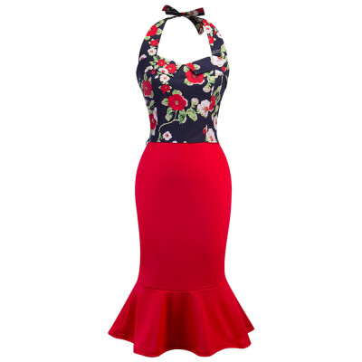 

Stylish Halter Neck Backless Floral Print Tank Top with Mermaid Skirt Women Two-piece Dress