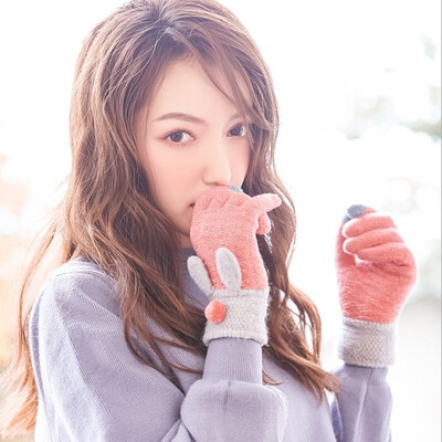 

New knitting gloves ladies autumn&winter wool&fleece can touch screen outdoor thermal cycling Korean version lovely