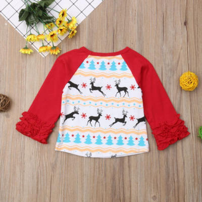 

Xmas Newborn Kid Baby Boys Girls Cotton Deer Ruffles Floral Tops T-shirt Clothes