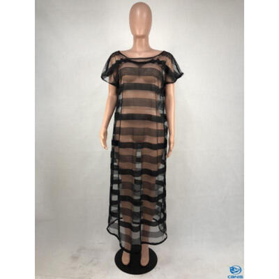 

US Women Sexy Long Sleeve Mesh Clubwear Plus Size Stripe Beach Perspective Dress