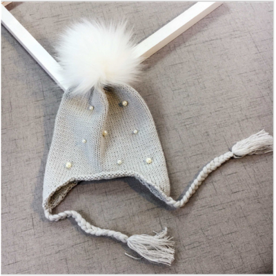 

Kids Child Baby Girls Pearl Braid Beanie Hat Winter Warm Knit Fur Pom Bobble Cap