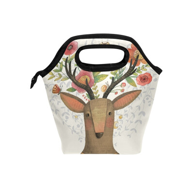 

Lunch Tote Bag Flower Deer Travel Picnic Insulated Lunch Handbags Portable Zipper Lunch Bag Box