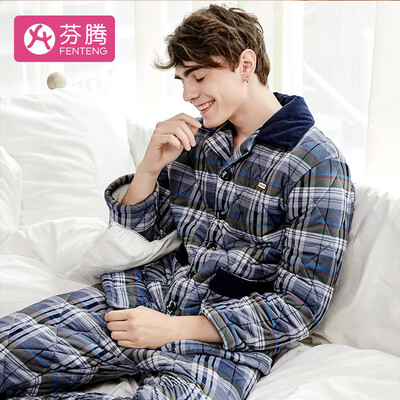 

Fenton quilted pajamas mens home service suit fashion lattice lapel cardigan autumn&winter men M97509271 gray Lange XL