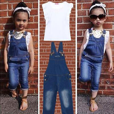 

cute jeanswears Girls Clothing Set White Top T-Shirt DenimJeans Bib 2PcsSuit