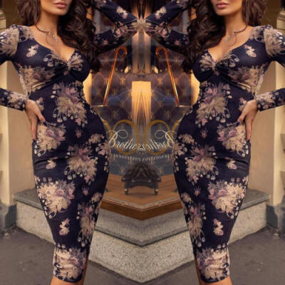 

Plus Size Ladies Long Sleeve Floral Boho Women Party Bodycon Maxi Dress Clothing