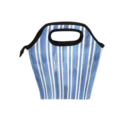 

Blue White Stripe Lunch Bag Tote Travel Picnic Insulated Handbags Portable Zipper Lunch Bag Box