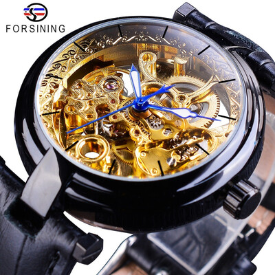

Forsining Retro Flower Design Automatic Clock Blue Hands Mens Mechanical Watches Skeletons Black Genuine Leather Luminous Hands