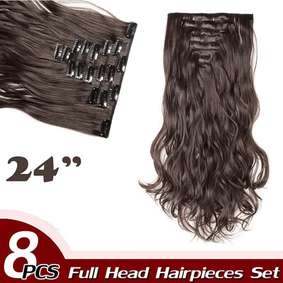 

17" Curly Hair Full Head Clip in Hair Extensions Synthetic 8 Piece 18 Clips Hairpiece Long Wave Trendy Design for Women