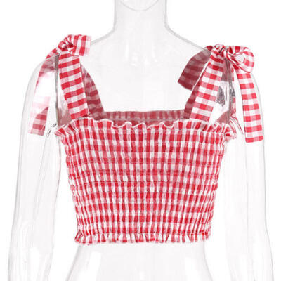 

Women Shoulder Belt Casual Plaid Tank Top Blouse Slim Crop Top T-Shirt YU