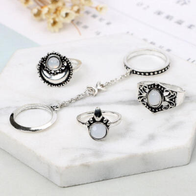 

5pcs Retro Gold knuckle Stacking Rings Thin White Opal Gem Ring Girls Jewelry d