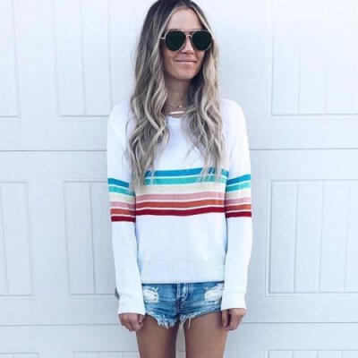 

New Women Lady Long Sleeve Loose O Neck Striped Print Blouse Casual Top T shirt