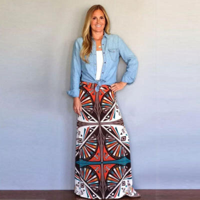 

USA Fashion Elegant Women Long Maxi Skirt High Waist Summer Boho Beach Skirt