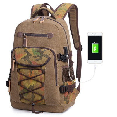 

New washed canvas bag usb-printed middle school bag retro mens shoulder computer backpack