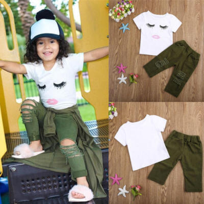 

Toddler Baby Girls Eyelash Tops T-shirt Hole Long Pants Outfits Set Clothes UK