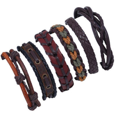 

6pcs Fashion Mens Punk Leather Wrap Braided Wristband Cuff Punk Bracelet Bangle