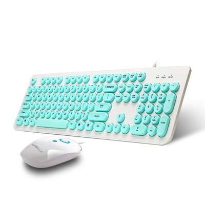 

Wired Keyboard&Mouse Combo Fashion Keyboard with Round Keycaps&Cute Mouse for Girls