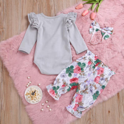 

3PCS Set Newborn Baby Kids Girl Clothes Romper Shirt TopsFloral Pants Outfits