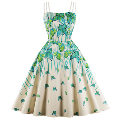 

Hepburn Vintage Series Women Dress Spring And Summer Stripe Fashion Leaf Printing Design Sleeveless Corset Retro Dress
