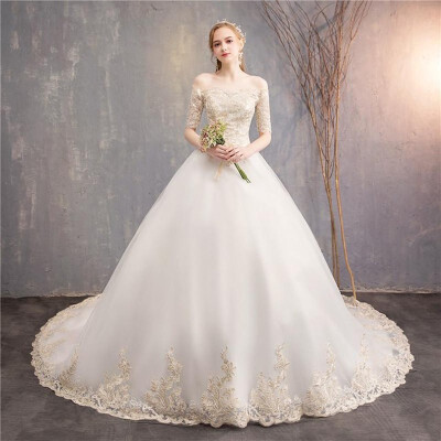 

Princess Colorful Wedding Dress Elegant Half Sleeve Boat Neck Champagne Embroidered Luxury Train Off The Shoulder Bride Gown