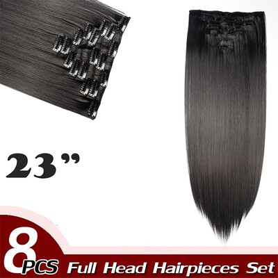 

17" Straight 8 Pcs Full Head Clip in Hair Extensions Synthetic 8 Piece 18 Clips Hairpiece Long Straight for Women