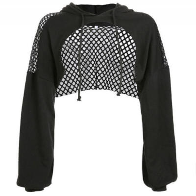 

UK Womens Party Club Long Sleeve Sexy Mesh Fish Net Hooded Sweatshirt Crop Tops