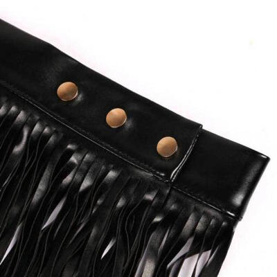 

Women Faux Leather Tassel Fringe High Waist A-Line Pencil Short Mini Skirt  L