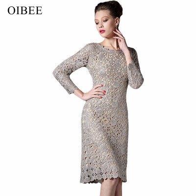 

OIBEE2018 autumn new womens knit large size embroidered lace long-sleeved dress bag hip long skirt