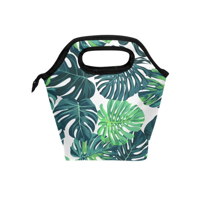 

Insulated Lunch Tote Bag Green Leaves Travel Picnic Lunch Handbags Portable Zipper Lunch Bag Box