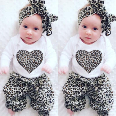 

AU Stock Newborn Baby Girls Romper Leopard Pants Headband Outfits Clothes 0-24M