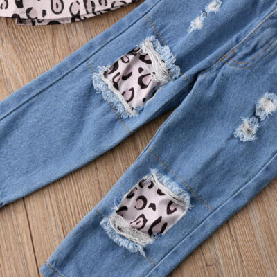 

Cute kids baby Girl Outfits Leopard TopsDestroyed Jeans Pantsheadband Clothes