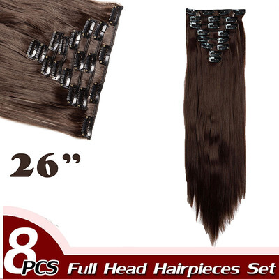 

17" Straight 8 Pcs Full Head Clip in Hair Extensions Synthetic 8 Piece 18 Clips Hairpiece Long Straight for Women