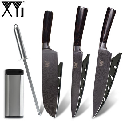 

XYj stainless steel Kitchen Knives Imitation Damascus Pattern Blade Knife Set 8 inch Knife Holder Sharpener Bar
