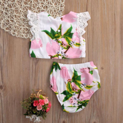 

Summer Baby Girls Floral Clothes Lace Sleeve Tops Pants Shorts Outfits Set 0-24M