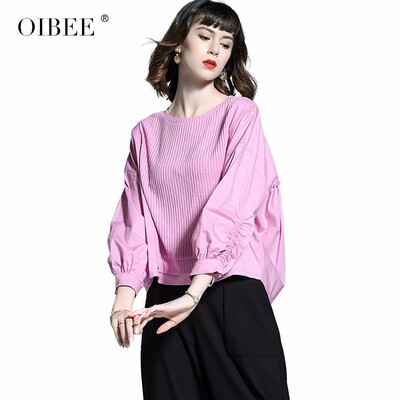

OIBEE2018 autumn lazy wind long-sleeved shirt loose shirt Hong Kong style large size was thin round neck short shirt women