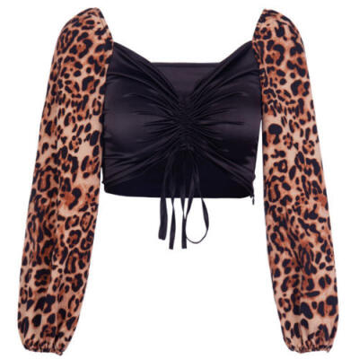 

Fashion Womens Leopard Print Sexy Long Sleeve Crop Tops Ladies Bandage Blouse