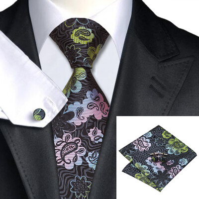 

N-0432 Vogue Men Silk Tie Set Gray Floral Prints Necktie Handkerchief Cufflinks Set Ties For Men Formal Wedding Business wholesale