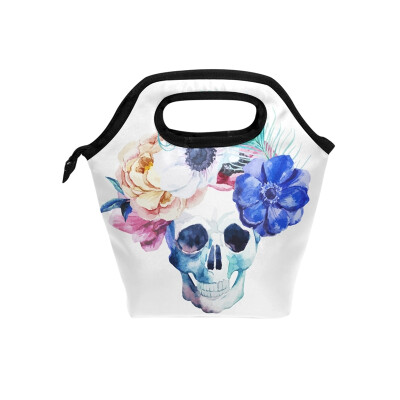 

Lunch Bag Floral Skull Tote Travel Picnic Insulated Handbags Portable Zipper Lunch Bag Box