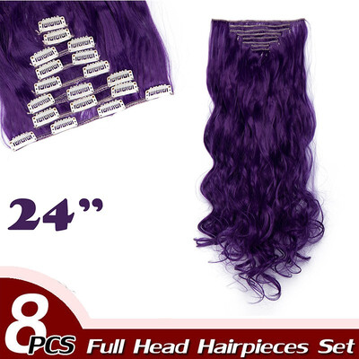 

17" Curly Hair Full Head Clip in Hair Extensions Synthetic 8 Piece 18 Clips Hairpiece Long Wave Trendy Design for Women
