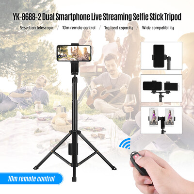

Dual Smartphone Live Streaming Tabletop Tripod Aluminum Alloy 5-Section Selfie Stick with Phone Remote Controller for iPhone Huaw
