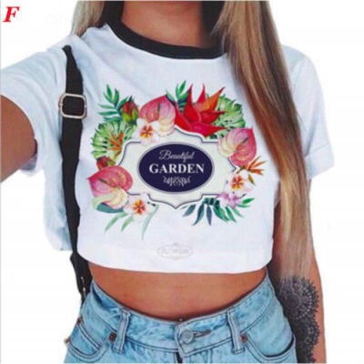 

Womens Cotton Cat Print Tee Sportwear Blouse Crop Tops Short Sleeve Jumper