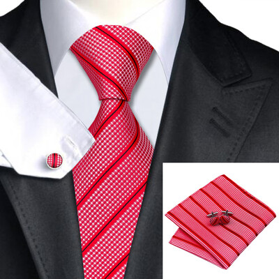 

N-0526 Vogue Men Silk Tie Set Red Stripe Necktie Handkerchief Cufflinks Set Ties For Men Formal Wedding Business wholesale