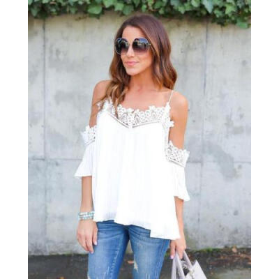 

Womens Off Shoulder ChiffonT Shirt Ladies Casual Summer Lace Floral Blouse Tops