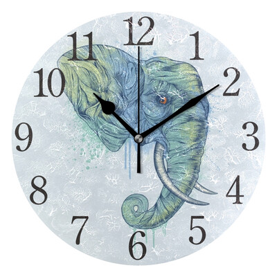 

Wall Clock Painting Of Blue And Green Elephant Head Round Wall Clock Arabic Numerals Design