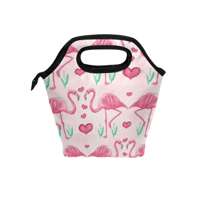 

Lunch Bag Green Grass Flamingos Tote Travel Picnic Insulated Handbags Portable Zipper Lunch Bag Box