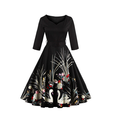 

Spring vintage print dress 50s elegant style v-neck half sleeve pleated dress defined waist with belt plus size women Retro Dress