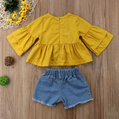 

Baby Girl Kids Set Outfits 2Pcs Yellow Trumpet Sleeves TopsDenim Shorts