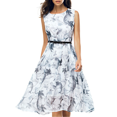 

Jewel Neck Sleeveless Floral Print A Line Belted Dress