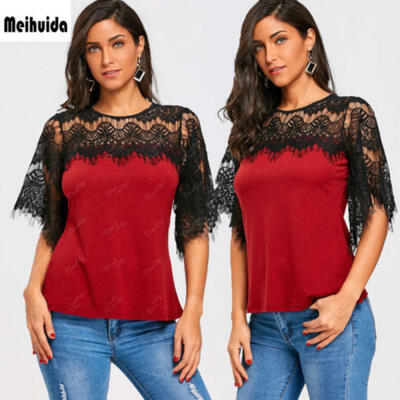 

Fashion Womens Ladies Summer Lace shoulder Casual Blouses Crop Tops T-Shirt